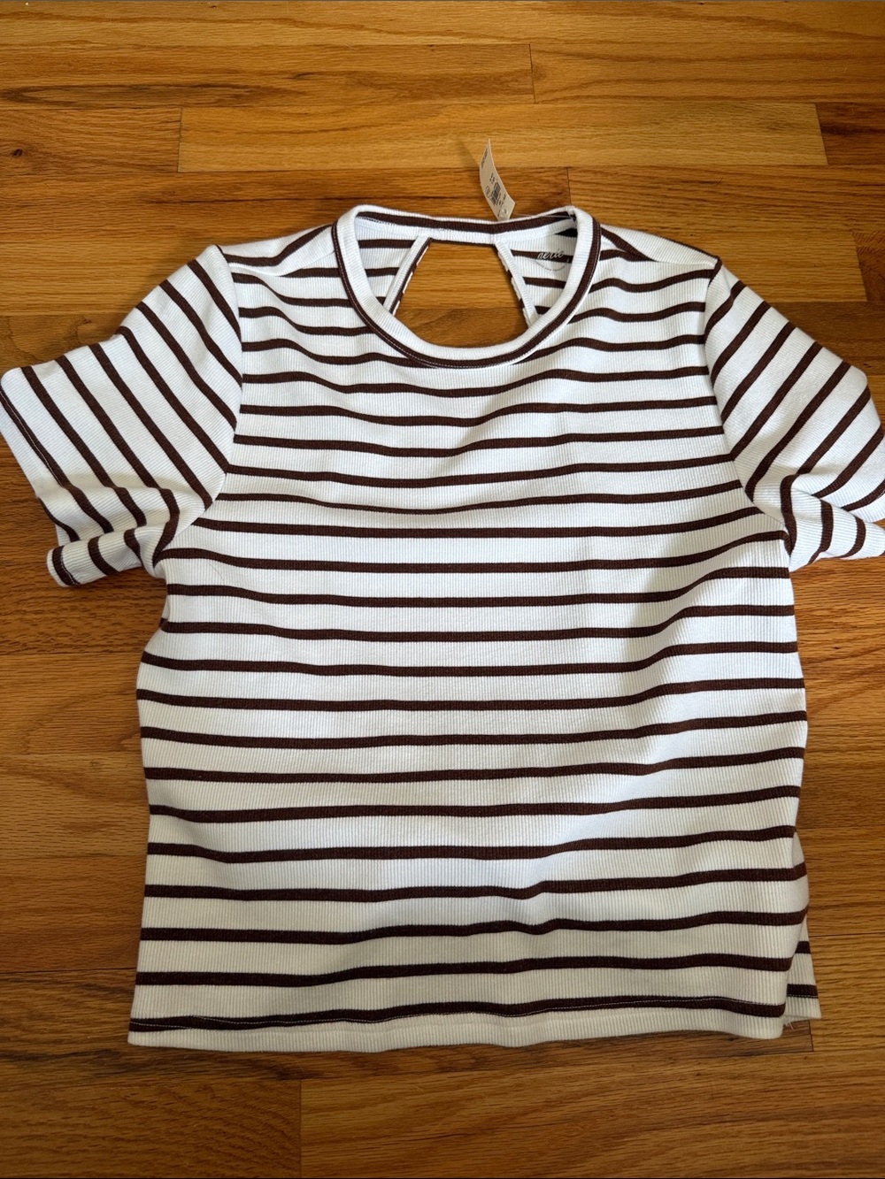 Striped Short Sleeve Knit Top in White and Brown